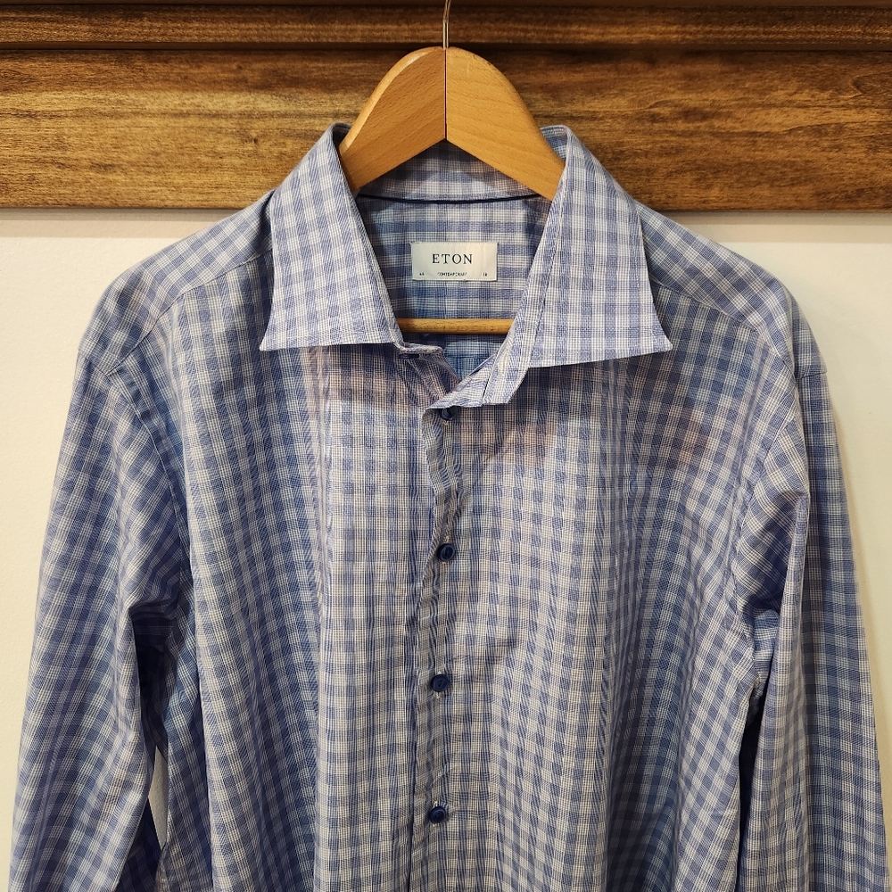 NWOT ETON Button Up Shirt 18 46 Contemporary Blue Check Gingham 100% Cotton - Picture 2 of 13